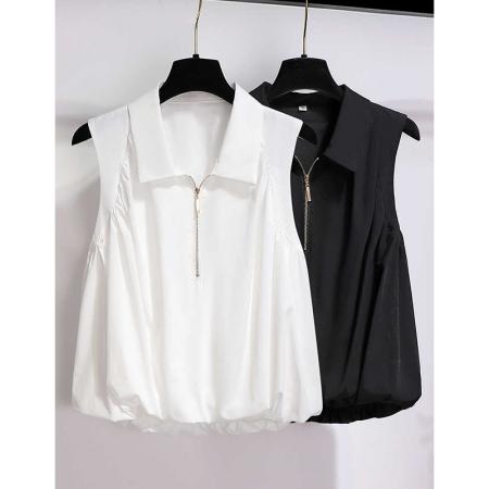 无袖衬衫女夏宽松下摆蓬蓬翻领上衣别致漂亮小衫  服裝批發女裝批發服飾貨源