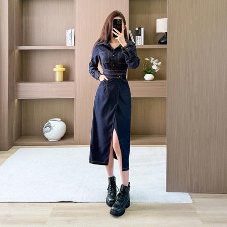 牛仔长袖连衣裙开叉长裙显瘦气质港风  服裝批發女裝批發服飾貨源