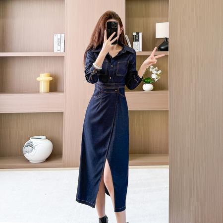 牛仔长袖连衣裙开叉长裙显瘦气质港风  服裝批發女裝批發服飾貨源