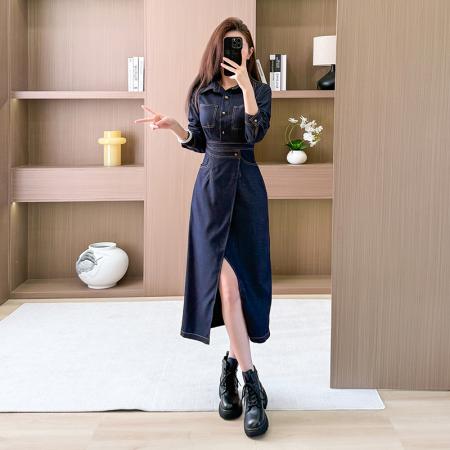 牛仔长袖连衣裙开叉长裙显瘦气质港风  服裝批發女裝批發服飾貨源