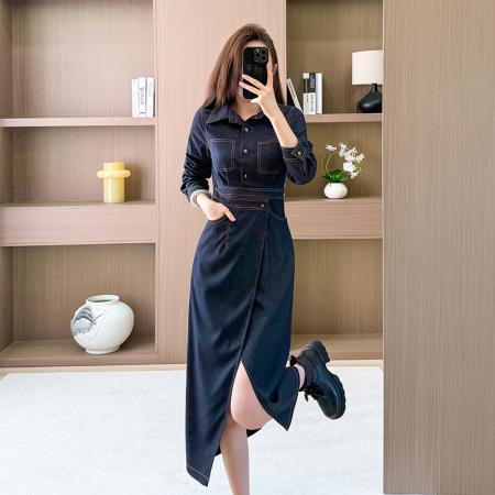 牛仔长袖连衣裙开叉长裙显瘦气质港风  服裝批發女裝批發服飾貨源