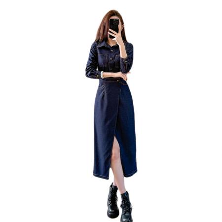 牛仔长袖连衣裙开叉长裙显瘦气质港风  服裝批發女裝批發服飾貨源