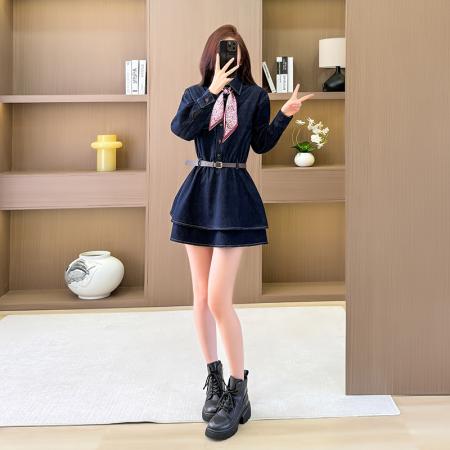 春季牛仔连衣裙短裙学生学院风减龄长袖连衣裙荷叶边  服裝批發女裝批發服飾貨源