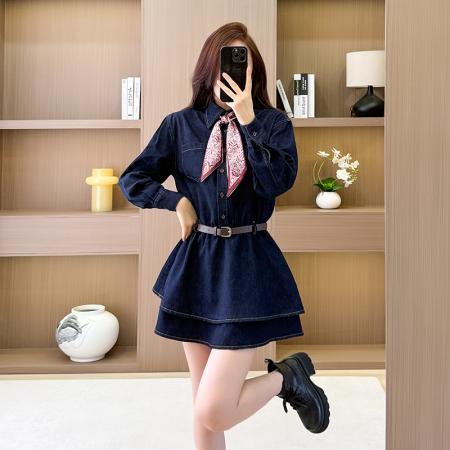 春季牛仔连衣裙短裙学生学院风减龄长袖连衣裙荷叶边  服裝批發女裝批發服飾貨源