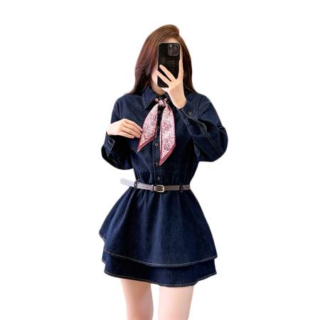 春季牛仔连衣裙短裙学生学院风减龄长袖连衣裙荷叶边  服裝批發女裝批發服飾貨源