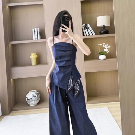 复古港风不规则褶皱抹胸吊带高腰阔腿裤时尚牛仔套装女  服裝批發女裝批發服飾貨源