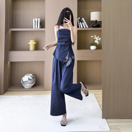 复古港风不规则褶皱抹胸吊带高腰阔腿裤时尚牛仔套装女  服裝批發女裝批發服飾貨源