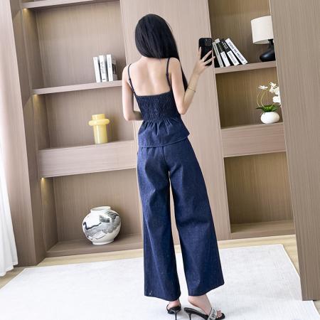 复古港风不规则褶皱抹胸吊带高腰阔腿裤时尚牛仔套装女  服裝批發女裝批發服飾貨源