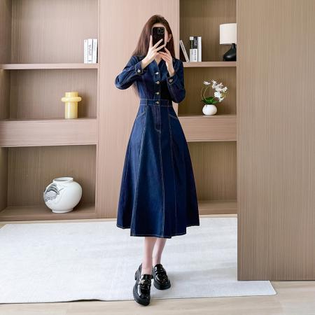 牛仔连衣裙长袖连衣裙长裙a字裙V领显瘦工装  服裝批發女裝批發服飾貨源