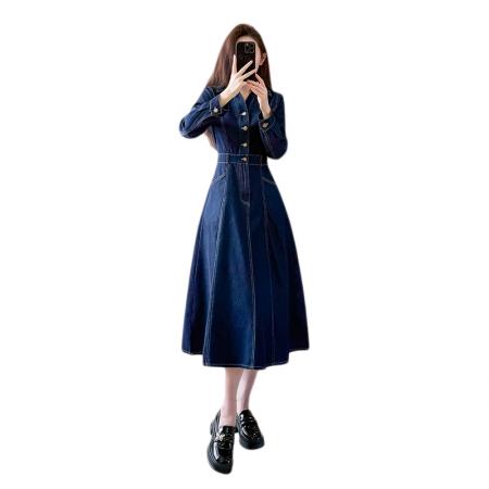 牛仔连衣裙长袖连衣裙长裙a字裙V领显瘦工装  服裝批發女裝批發服飾貨源