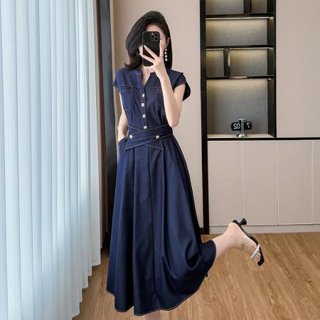 夏季新款牛仔连衣裙女收腰显瘦气质通勤中长裙子短袖  服裝批發女裝批發服飾貨源