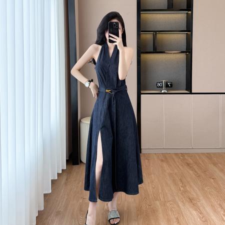 夏季露肩连衣裙开叉连衣裙长裙牛仔裙性感纯欲露背大摆  服裝批發女裝批發服飾貨源