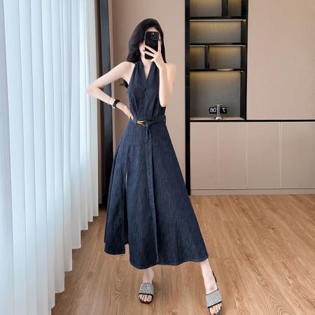 夏季露肩连衣裙开叉连衣裙长裙牛仔裙性感纯欲露背大摆  服裝批發女裝批發服飾貨源