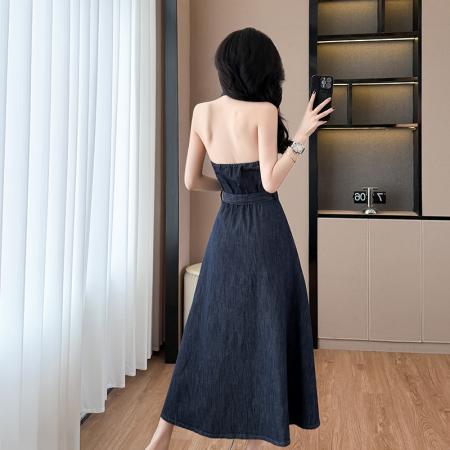 夏季露肩连衣裙开叉连衣裙长裙牛仔裙性感纯欲露背大摆  服裝批發女裝批發服飾貨源