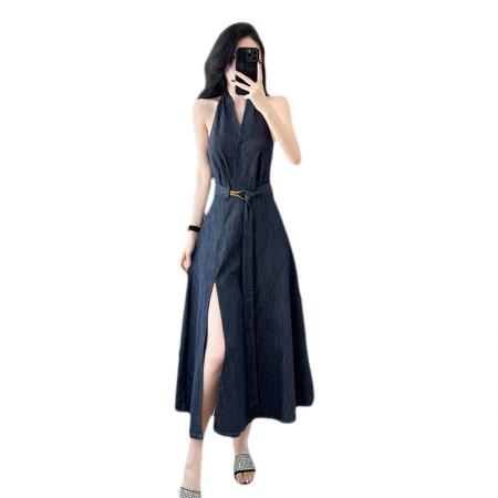 夏季露肩连衣裙开叉连衣裙长裙牛仔裙性感纯欲露背大摆  服裝批發女裝批發服飾貨源