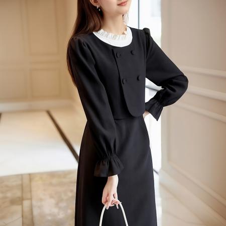 秋季新品假两件高端设计花边领连衣裙复古气质收腰显瘦中长裙  服裝批發女裝批發服飾貨源