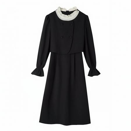 秋季新品假两件高端设计花边领连衣裙复古气质收腰显瘦中长裙  服裝批發女裝批發服飾貨源