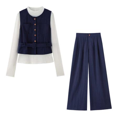 新款港风复古时尚洋气减龄套装女春秋显瘦马甲阔腿裤三件套潮  服裝批發女裝批發服飾貨源