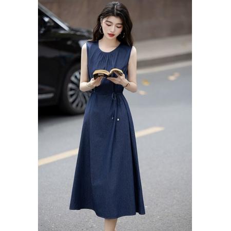 日系轻奢高端薄款牛仔背心裙夏季轻盈骨感圆领无袖绑带连衣裙  服裝批發女裝批發服飾貨源