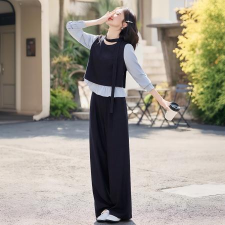 小香风时尚套装女春秋新款气质假两件拼上衣西装阔腿裤两件套  服裝批發女裝批發服飾貨源