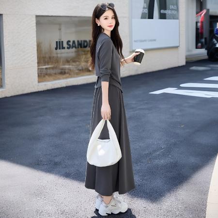 早春长袖法式休闲套装裙女新款气质收腰显瘦轻奢时尚两件套潮  服裝批發女裝批發服飾貨源