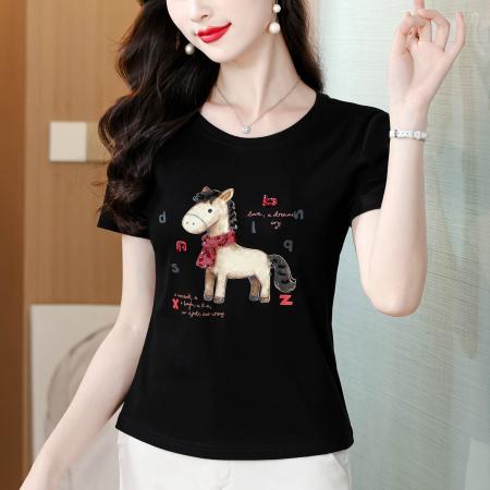 BY11669# 夏季新款圆领立体钉珠小马印花T恤女修身显瘦百搭短袖上衣 服裝批發女裝批發服飾貨源