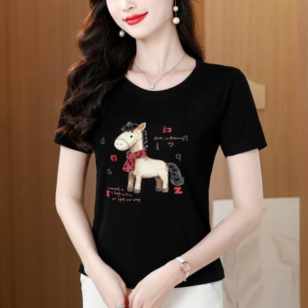 BY11669# 夏季新款圆领立体钉珠小马印花T恤女修身显瘦百搭短袖上衣 服裝批發女裝批發服飾貨源