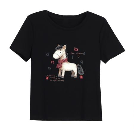 BY11669# 夏季新款圆领立体钉珠小马印花T恤女修身显瘦百搭短袖上衣 服裝批發女裝批發服飾貨源