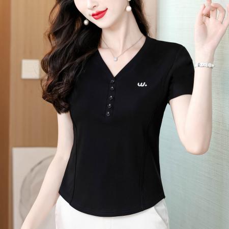 BY11670# 夏季新款纯色V领半开领纽扣短袖T恤女修身显瘦气质百搭上衣 服裝批發女裝批發服飾貨源
