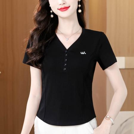 BY11670# 夏季新款纯色V领半开领纽扣短袖T恤女修身显瘦气质百搭上衣 服裝批發女裝批發服飾貨源