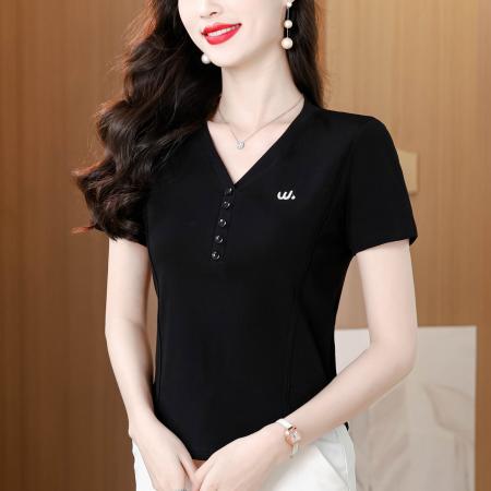BY11670# 夏季新款纯色V领半开领纽扣短袖T恤女修身显瘦气质百搭上衣 服裝批發女裝批發服飾貨源