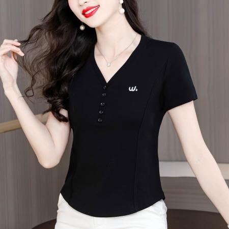 BY11670# 夏季新款纯色V领半开领纽扣短袖T恤女修身显瘦气质百搭上衣 服裝批發女裝批發服飾貨源