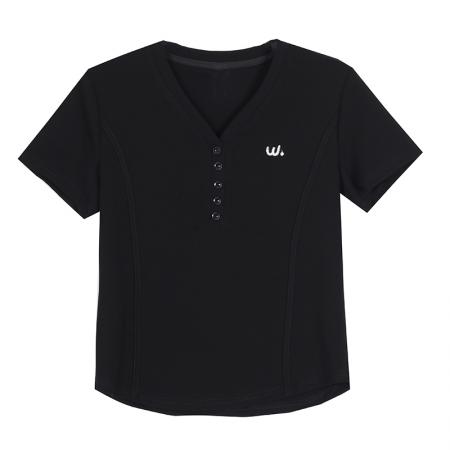 BY11670# 夏季新款纯色V领半开领纽扣短袖T恤女修身显瘦气质百搭上衣 服裝批發女裝批發服飾貨源