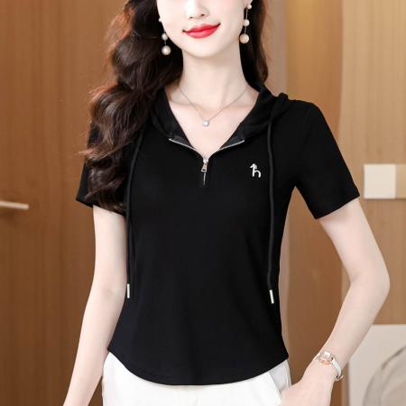 BY11671# 夏季新款连帽拉链短袖T恤女修身显瘦刺绣上衣百搭休闲小衫 服裝批發女裝批發服飾貨源