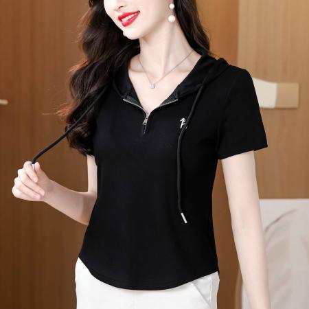 BY11671# 夏季新款连帽拉链短袖T恤女修身显瘦刺绣上衣百搭休闲小衫 服裝批發女裝批發服飾貨源