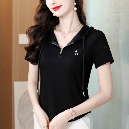 BY11671# 夏季新款连帽拉链短袖T恤女修身显瘦刺绣上衣百搭休闲小衫 服裝批發女裝批發服飾貨源