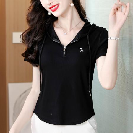 BY11671# 夏季新款连帽拉链短袖T恤女修身显瘦刺绣上衣百搭休闲小衫 服裝批發女裝批發服飾貨源