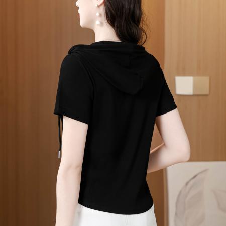 BY11671# 夏季新款连帽拉链短袖T恤女修身显瘦刺绣上衣百搭休闲小衫 服裝批發女裝批發服飾貨源