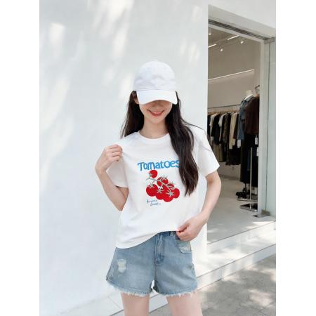 BY11674# 植绒番茄印花白色T恤女夏多巴胺撞色软糯亲肤宽松短袖上衣 服裝批發女裝批發服飾貨源