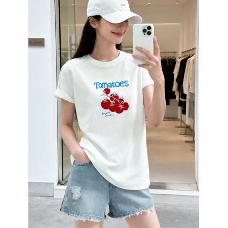 BY11674# 植绒番茄印花白色T恤女夏多巴胺撞色软糯亲肤宽松短袖上衣 服裝批發女裝批發服飾貨源