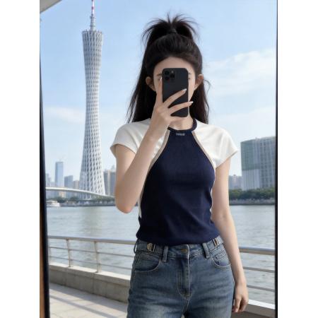 BY11675# 撞色假两件正肩插肩袖上衣女夏季别致短款设计感小众辣妹短袖t恤 服裝批發女裝批發服飾貨源