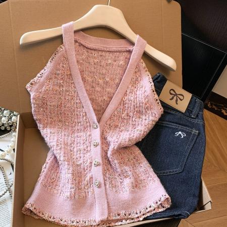 BY11676# 早秋挂脖小香风外搭背心女薄款高质量无袖针织上衣 服裝批發女裝批發服飾貨源