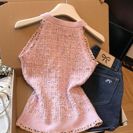 BY11676# 早秋挂脖小香风外搭背心女薄款高质量无袖针织上衣 服裝批發女裝批發服飾貨源