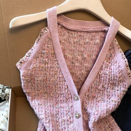 BY11676# 早秋挂脖小香风外搭背心女薄款高质量无袖针织上衣 服裝批發女裝批發服飾貨源