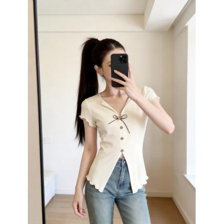 BY11677# 法式V领系带短袖T恤女夏季新设计感开叉修身短款上衣 服裝批發女裝批發服飾貨源