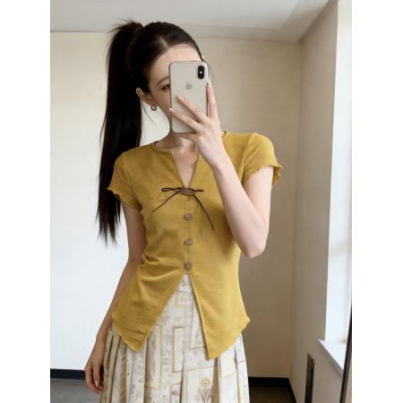 BY11677# 法式V领系带短袖T恤女夏季新设计感开叉修身短款上衣 服裝批發女裝批發服飾貨源