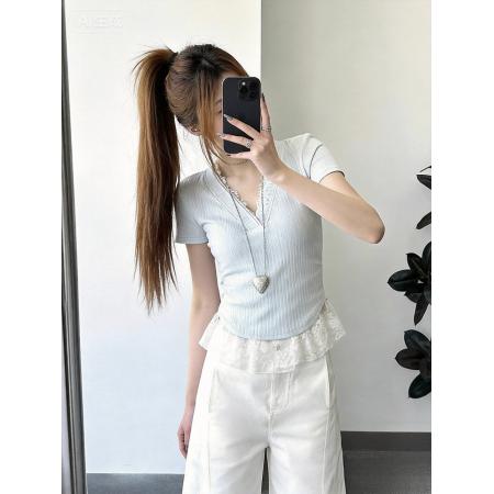 BY11678# 独特超好看蓝色v领花边短袖正肩t恤女夏季小个子chic韩系穿搭上衣 服裝批發女裝批發服飾貨源