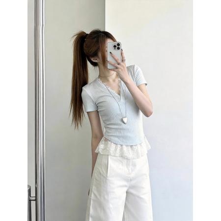 BY11678# 独特超好看蓝色v领花边短袖正肩t恤女夏季小个子chic韩系穿搭上衣 服裝批發女裝批發服飾貨源