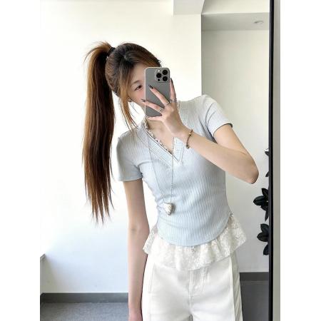 BY11678# 独特超好看蓝色v领花边短袖正肩t恤女夏季小个子chic韩系穿搭上衣 服裝批發女裝批發服飾貨源