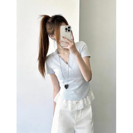 BY11678# 独特超好看蓝色v领花边短袖正肩t恤女夏季小个子chic韩系穿搭上衣 服裝批發女裝批發服飾貨源